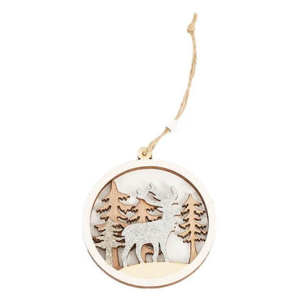 Wooden Christmas Pendants For Christmas Tree Decoration - round wooden reindeer ornament with trees and hanging jute rope, 9.8x8.5cm lightweight