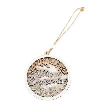 Wooden Christmas Pendants For Christmas Tree Decoration round wooden 'Merry Christmas' hanging ornament with rope, laser-cut floral design, 9.8x8.5cm