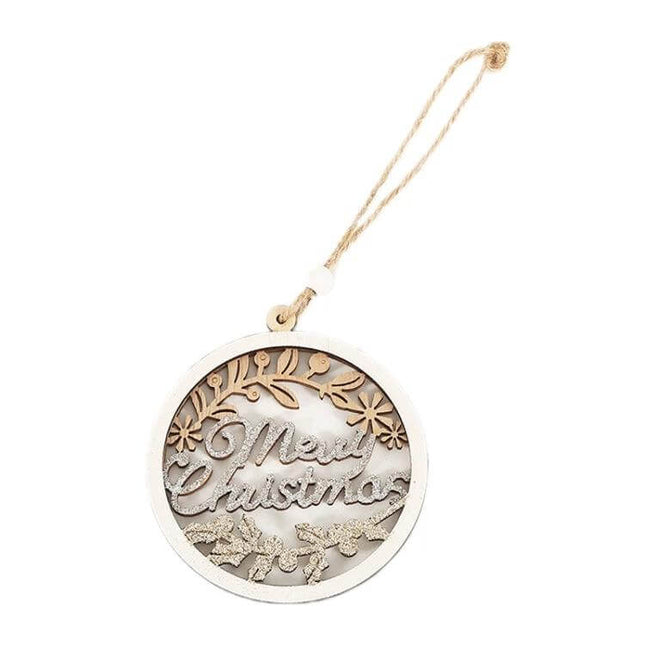 Wooden Christmas Pendants For Christmas Tree Decoration round wooden 'Merry Christmas' hanging ornament with rope, laser-cut floral design, 9.8x8.5cm