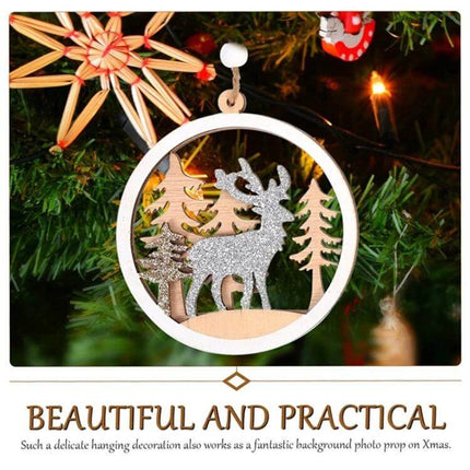 Wooden Christmas Pendants For Christmas Tree Decoration - round wooden reindeer ornament with glitter deer and trees, 9.8x8.5cm lightweight hanging pendant