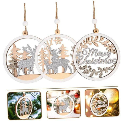 Wooden Christmas Pendants For Christmas Tree Decoration lightweight 9.8x8.5cm round rustic deer & Merry Christmas ornaments with hanging rope