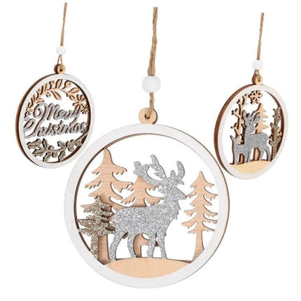 Wooden Christmas Pendants For Christmas Tree Decoration - round wooden reindeer and Merry Christmas ornaments with rope hanger, 9.8x8.5cm lightweight