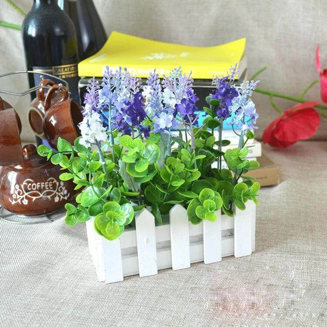 Wooden Flower Planter Fence Pot, White Wood, 10cm Square with purple and white lavender and green succulents on a windowsill