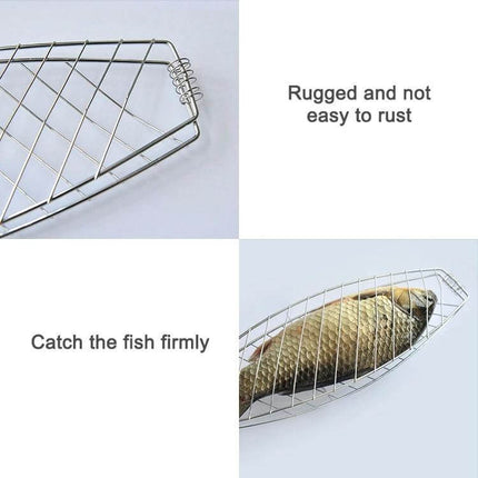 Wooden-Handle Fish Barbecue Net Clip For Grilling Outdoors with chrome-plated frame and wooden handle, 56cm long, secure clamp holds medium to large fish