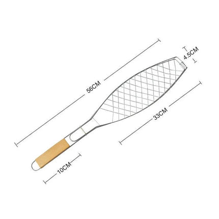 Wooden-Handle Fish Barbecue Net Clip For Grilling Outdoors - 56cm chrome-plated frame with 33x4.5cm net and 10cm wooden handle, clamp ring to prevent slipping