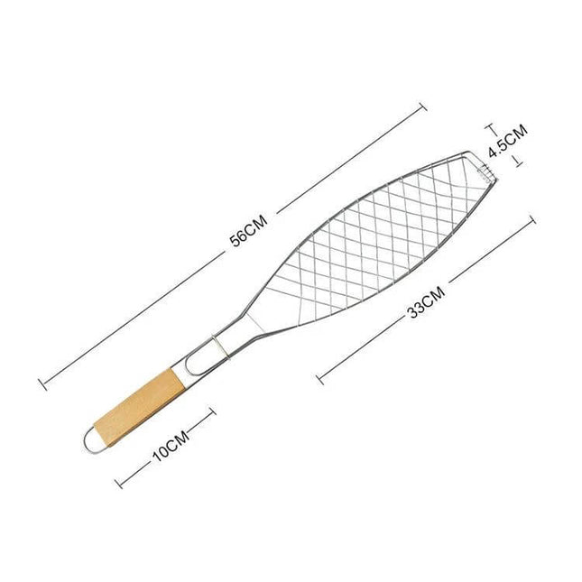 Wooden-Handle Fish Barbecue Net Clip For Grilling Outdoors - 56cm chrome-plated net, 33x4.5cm opening, wooden handle for secure fish grilling