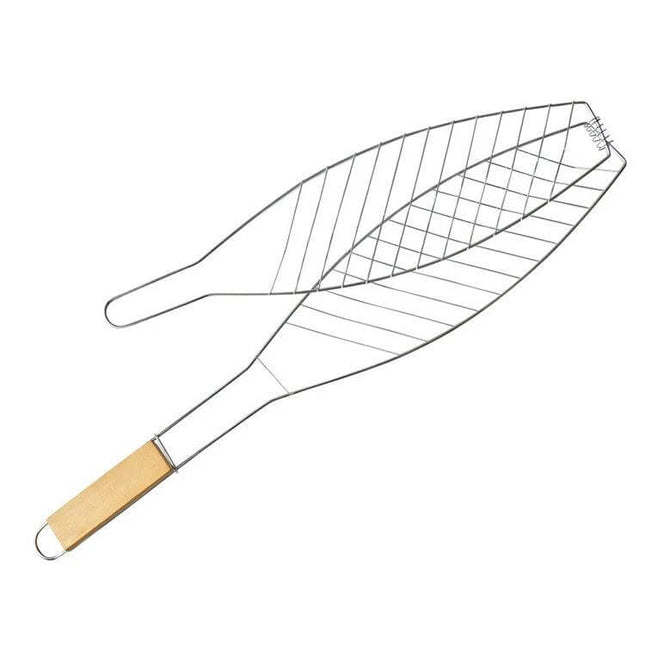 Wooden-Handle Fish Barbecue Net Clip For Grilling Outdoors with wooden handle and chrome-plated frame, 56cm long, net opening 33x4.5cm