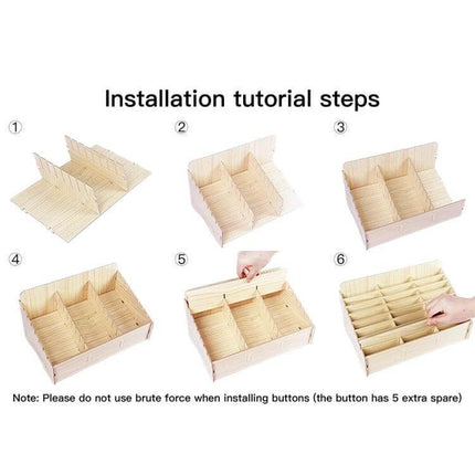 Wooden Phone Organizer Desk 24-Grid White Oak 2-Pack showing 6-step assembly tutorial with trays and dividers for phone LCDs and small parts