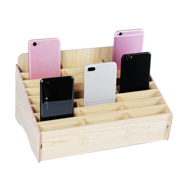 Wooden Phone Organizer Desk 24-Grid White Oak 2-Pack showing natural oak 24-grid trays holding multiple smartphones and small parts on a workbench