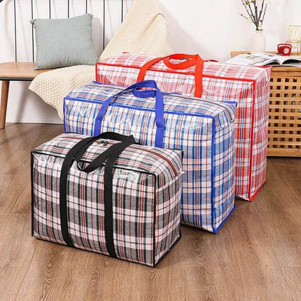 Woven Storage Bags for Clothes and Quilts 68x50x24cm in plaid waterproof PP woven cloth set showing three sizes with handles for bedding storage