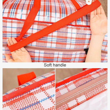 Woven Storage Bags for Clothes and Quilts 68x50x24cm red checked woven bag with soft handles and zipper close-up