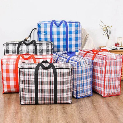 Woven Storage Bags for Clothes and Quilts 68x50x24cm blue red black checked bags stacked for storing clothes and quilts