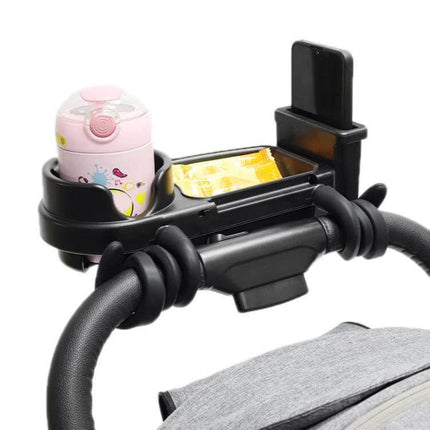 Wrap-Around Baby Stroller Tray With Cup Holder For Snacks On The Go - black stroller tray with cup holder, snack compartment and phone mount