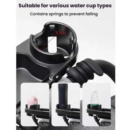 Wrap-Around Baby Stroller Tray With Cup Holder For Snacks On The Go - black ABS cup holder and snack tray showing spring-fit cup sizes