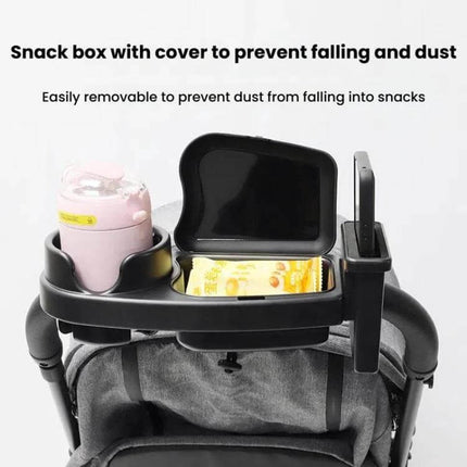 Wrap-Around Baby Stroller Tray With Cup Holder For Snacks On The Go shown mounted with snack box, cup holder and wipe-clean surface