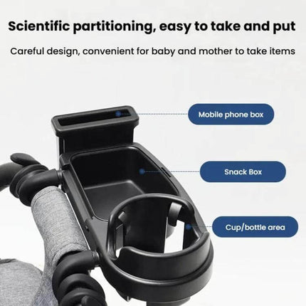 Wrap-Around Baby Stroller Tray With Cup Holder For Snacks On The Go showing phone box, snack box and cup/bottle area on stroller