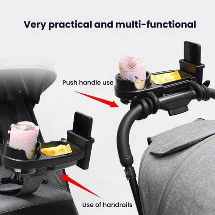 Wrap-Around Baby Stroller Tray With Cup Holder For Snacks On The Go showing dual cup holder and snack tray mounted on stroller handle