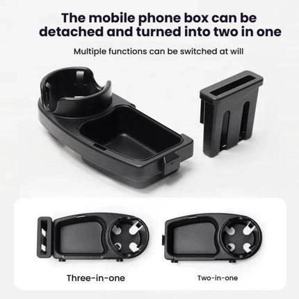 Wrap-Around Baby Stroller Tray With Cup Holder For Snacks On The Go black ABS plastic removable phone box and cup holder showing three-in-one and two-in-one configurations