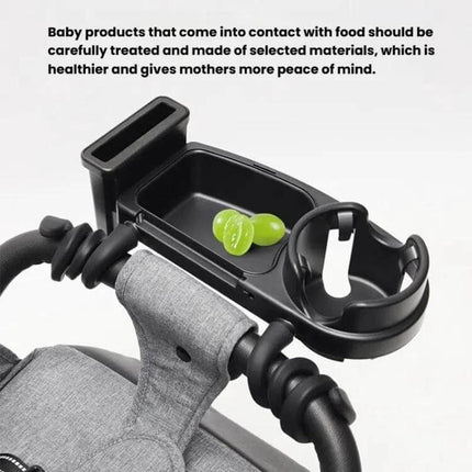 Wrap-Around Baby Stroller Tray With Cup Holder For Snacks On The Go shown attached to stroller with cup holder and wipe-clean snack tray
