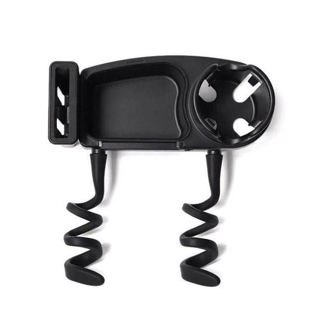 Wrap-Around Baby Stroller Tray With Cup Holder For Snacks On The Go - black ABS spiral wrap-around tray with cup holder and snack compartment