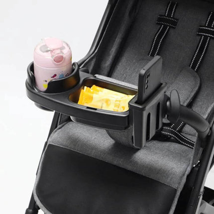 Wrap-Around Baby Stroller Tray With Cup Holder For Snacks On The Go - black ABS tray with cup holder, snack compartment and phone slot attached to stroller
