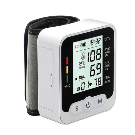 Wrist Blood Pressure Monitor With Voice For Home Use - compact wrist cuff device showing systolic 108 diastolic 69 pulse 78 with voice guidance