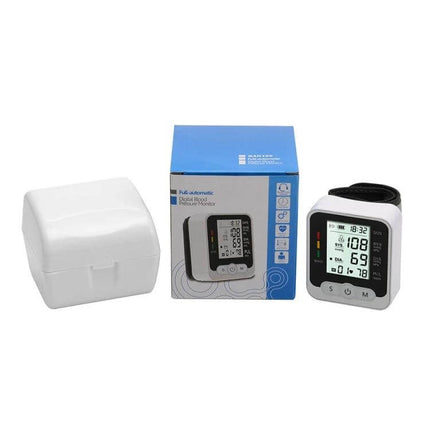 Wrist Blood Pressure Monitor With Voice For Home Use compact wrist monitor with display, voice guidance, travel case and box