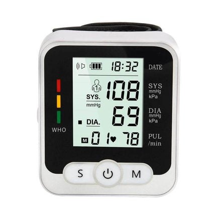 Wrist Blood Pressure Monitor With Voice For Home Use — compact wrist BP monitor shows 108/69 mmHg, pulse 78, voice guidance and travel-friendly cuff