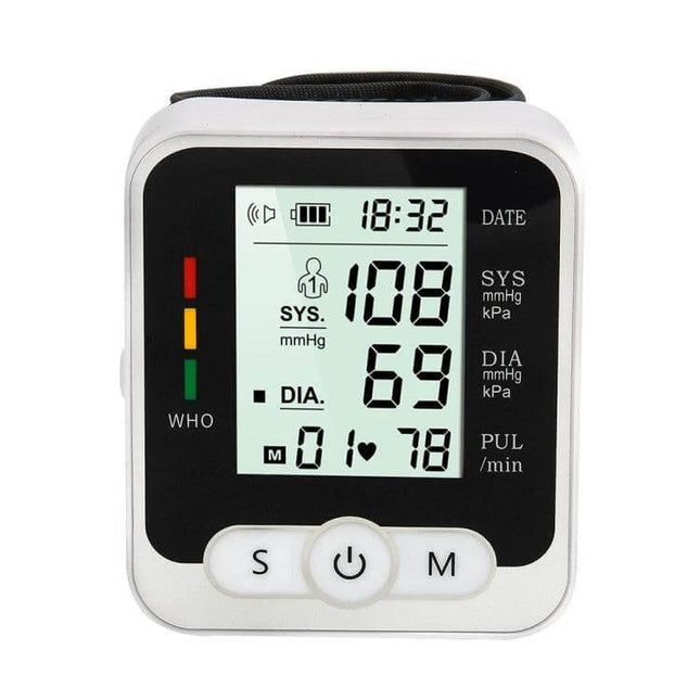 Wrist Blood Pressure Monitor With Voice For Home Use — compact wrist BP monitor shows 108/69 mmHg, pulse 78, voice guidance and travel-friendly cuff