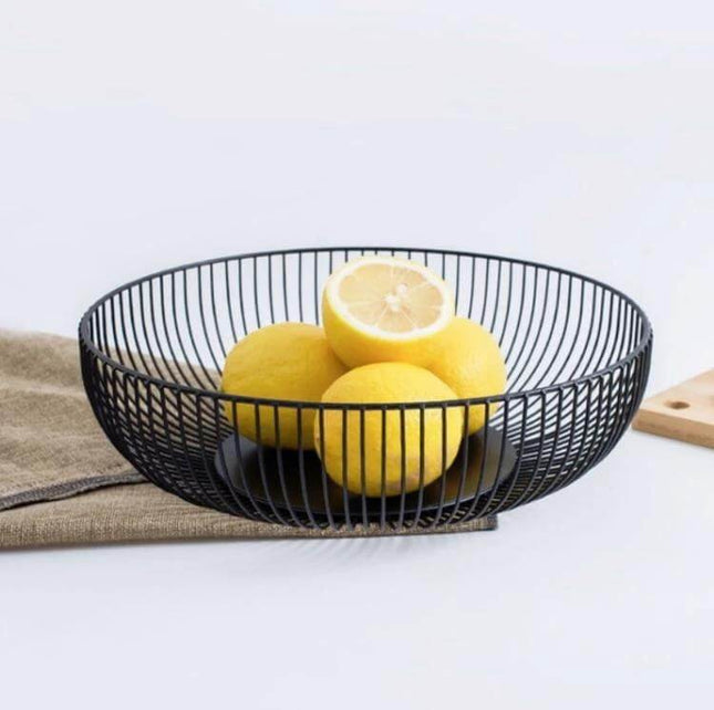 Wrought Iron Fruit Basket For Snack Storage On Desk - black wrought iron desk fruit basket with lemons, compact open-frame snack storage