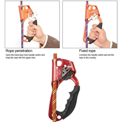 XINDA Rope Gripper For 8-12mm Rope, Handheld Climbing Safety — red handheld ascender showing rope penetration and fixed rope use