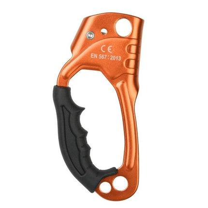 Alt Tag: XINDA Rope Gripper For 8-12mm Rope, Handheld Climbing Safety orange handheld gripper with spiny drain groove and ergonomic black grip