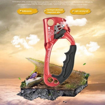 XINDA Rope Gripper For 8-12mm Rope, Handheld Climbing Safety – red handheld rope gripper with ergonomic black handle shown on floating rock