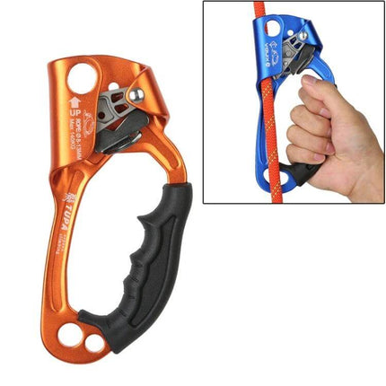XINDA Rope Gripper For 8-12mm Rope, Handheld Climbing Safety orange handheld ascender with spiny grip shown solo and blue unit clamped on rope in hand