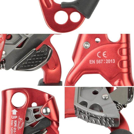 XINDA Rope Gripper For 8-12mm Rope, Handheld Climbing Safety - red handheld ascender with spiny grip, automatic draining groove, CE EN 567:2013 marking