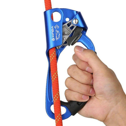 XINDA Rope Gripper For 8-12mm Rope, Handheld Climbing Safety handheld blue gripper on orange rope showing one-handed controlled ascent grip