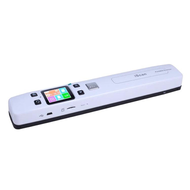 Portable Handheld Scanner for Mobile Document Archiving — white handheld scanner with color LCD, Micro SD slot, saves JPEG or PDF for travel and receipts