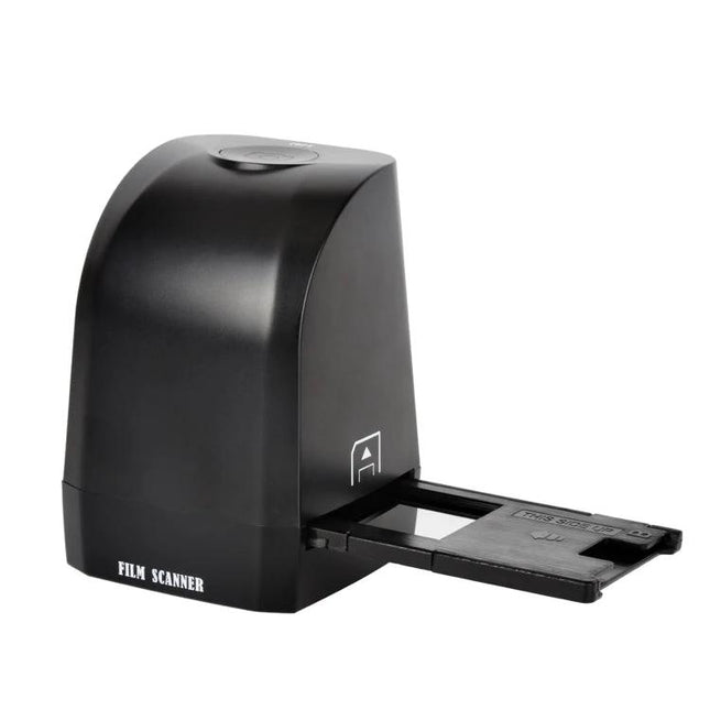 Digital Film Scanner for Converting 35mm Negatives and Slides with slide tray inserted, black tabletop unit for home photo digitizing