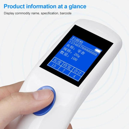 Newscan Wireless Barcode Scanner for Data Collection handheld with color display showing scanned barcode data and a thumb pressing blue button