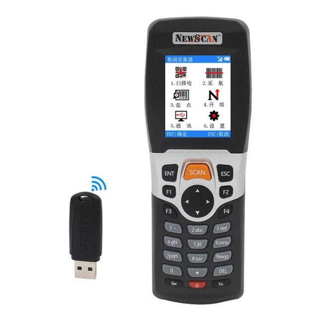 Portable Newscan USB and Wireless Laser Barcode Scanner handheld with display and USB dongle for wired or wireless scanning