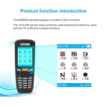 NEWSCAN Wireless Barcode Scanner for Inventory Use handheld device displaying menu and 1D/2D barcode scanning functions