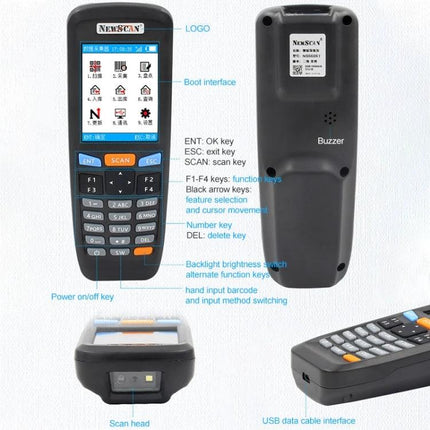 Newscan Wireless Barcode Scanner for Inventory Use handheld 1D/2D wireless scanner showing keypad screen and ports