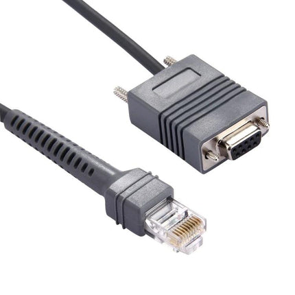 Two-Meter RS232 to RJ45 Serial Data Cable for Barcode Scanners showing RJ45 plug and DB9 RS232 connector, 2m cable for Symbol LS2208