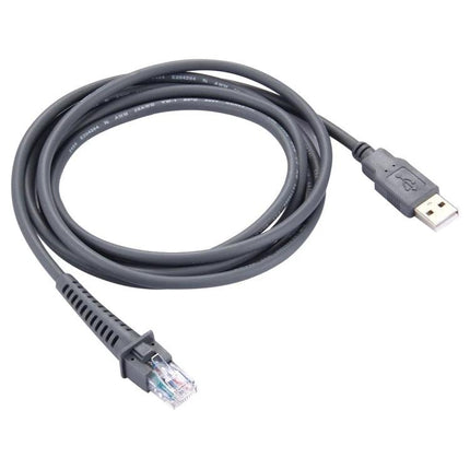 2 Meter USB A Male to RJ45 Cable for Barcode Scanners – grey 2m cable with USB A male to RJ45 connector for reliable scanner-to-computer connection