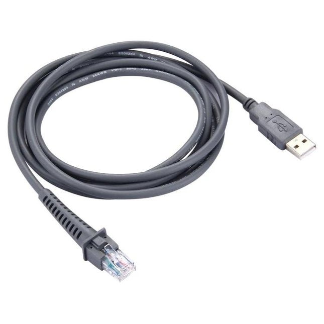 2 Meter USB A Male to RJ45 Cable for Barcode Scanners coiled gray cable showing USB A plug and RJ45 connector