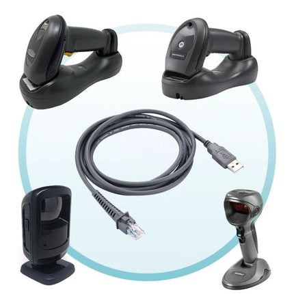 2 Meter USB A Male to RJ45 Cable for Barcode Scanners connecting Motorola Symbol LS2208-style scanners to PC for reliable retail and warehouse data transfer