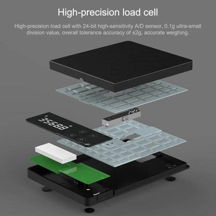 Xiaomi 8Kg Kitchen Scale For Everyday Home Cooking - exploded view showing high-precision load cell, display, tare function and compact components