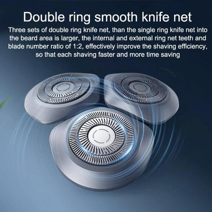 Xiaomi Electric Shaver Grey For Daily Home Grooming showing three double-ring smooth knife nets emphasizing efficient compact shaving heads