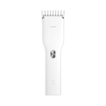 Xiaomi Enchen Boost Hair Trimmer With Fast Charging For Home Haircuts - white cordless trimmer front view with length-guard and power button
