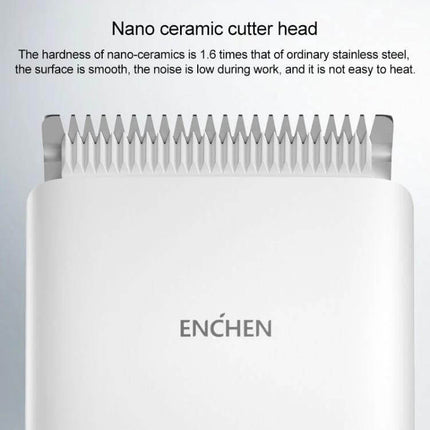 Xiaomi Enchen Boost Hair Trimmer With Fast Charging For Home Haircuts close-up of nano ceramic cutter head and ENCHEN logo